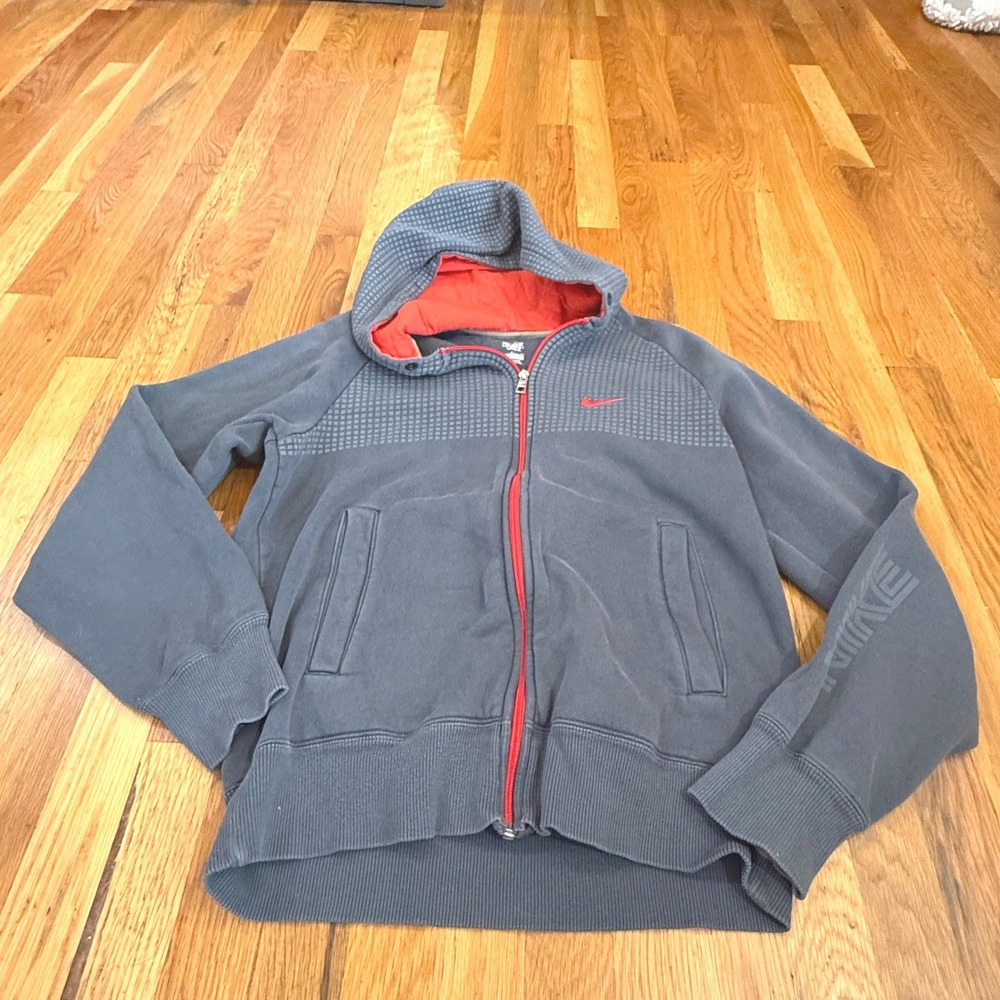 Nike Athletic Dept Mens Small Full Zip Hoodie Grey Red Grid
